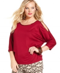 Heat up your look with Jessica Simpson's cold-shoulder plus size top, accented by beading. Heat up your look with Jessica Simpson's cold-shoulder plus size top, accented by beading.