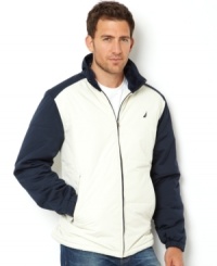 As you keep active this regular fit bomber jacket by Nautica has a fleece lining to keep you warm. As you keep active this regular fit bomber jacket by Nautica has a fleece lining to keep you warm.
