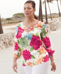 Summer is abloom, so snag Charter Club's three-quarter-sleeve plus size top-- a floral-print is a must-get this season! Summer is abloom, so snag Charter Club's three-quarter-sleeve plus size top-- a floral-print is a must-get this season!