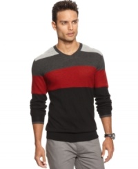 Stripe it up. This long sleeve V-neck sweater from INC International Concepts features a colorblocked pattern that pairs well with casual and business casual attire. Stripe it up. This long sleeve V-neck sweater from INC International Concepts features a colorblocked pattern that pairs well with casual and business casual attire.