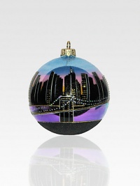 This hand-painted keepsake captures the magic of the Manhattan skyline, with its million sparkling lights and sky-scraping spires! Polonaise hand-blown glass About 4 in diameter Made in Poland This hand-painted keepsake captures the magic of the Manhattan skyline, with its million sparkling lights and sky-scraping spires! Polonaise hand-blown glass About 4 in diameter Made in Poland