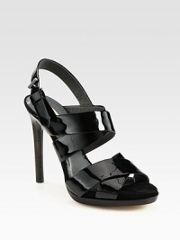 Strappy, Italian patent leather style with an adjustable slingback for a secure fit. Stacked heel, 4½ (115mm)Covered platform, ½ (15mm)Compares to a 4 heel (100mm)Patent leather upperSuede and leather liningLeather solePadded insoleMade in Italy Strappy, Italian patent leather style with an adjustable slingback for a secure fit. Stacked heel, 4½ (115mm)Covered platform, ½ (15mm)Compares to a 4 heel (100mm)Patent leather upperSuede and leather liningLeather solePadded insoleMade in Italy