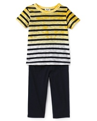 A uniquely designed mineral dip tee combines with solid contrast pants for a fun, hip look perfect for afternoon play. A uniquely designed mineral dip tee combines with solid contrast pants for a fun, hip look perfect for afternoon play.