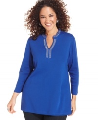 Lend a touch of sparkle to your casual style with Karen Scott's plus size tunic top, highlighted by an embellished neckline. Lend a touch of sparkle to your casual style with Karen Scott's plus size tunic top, highlighted by an embellished neckline.