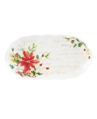 A season of entertaining and celebration will flourish with the Winter Meadow hors d'ouevres tray from Lenox. Red poinsettia, crisp holly and delicate paperwhites bloom on scalloped ivory porcelain with elegant gold script. A season of entertaining and celebration will flourish with the Winter Meadow hors d'ouevres tray from Lenox. Red poinsettia, crisp holly and delicate paperwhites bloom on scalloped ivory porcelain with elegant gold script.