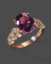 Diamonds accent a checkerboard amethyst, set in 14K rose gold.