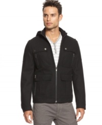 This slim INC International Concepts wool bomber jacket is big on warmth and small on bulk. This slim INC International Concepts wool bomber jacket is big on warmth and small on bulk.
