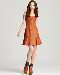 Country-western style meets '70s-luxe with this leather Nanatte Lepore dress, rendered in a delectable caramel hue. Cut with a ruffle hem, this standout piece is not only an investment, but one that turns the sidewalk into a runway and you into a fashion icon. Country-western style meets '70s-luxe with this leather Nanatte Lepore dress, rendered in a delectable caramel hue. Cut with a ruffle hem, this standout piece is not only an investment, but one that turns the sidewalk into a runway and you into a fashion icon.