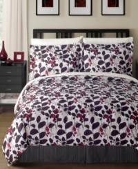 Turn over a new leaf. A dramatic red and purple allover leaf pattern adorns the Shadows comforter set for a look that stands out in any bedroom. White sheets and pillowcases feature a stenciled pattern of leaves, softening the bold tones of the comforter and shams. Turn over a new leaf. A dramatic red and purple allover leaf pattern adorns the Shadows comforter set for a look that stands out in any bedroom. White sheets and pillowcases feature a stenciled pattern of leaves, softening the bold tones of the comforter and shams.