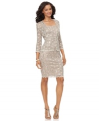 Alex Evenings' petite sheath features a gorgeous lace overlay that's sprinkled with sequins. A matching lace jacket with a jeweled closure makes this look unforgettably elegant.