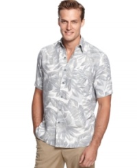 Keep it crisp but still laid-back with an island-vibe with this silk-blend shirt from Tasso Elba. Keep it crisp but still laid-back with an island-vibe with this silk-blend shirt from Tasso Elba.