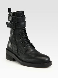 Coveted urban favorite of buttery leather with a lace-up front and wrap-around buckle ankle straps. Stacked heel, 2 (50mm)Leather upperSide zip and double adjustable buckle strapsLeather lining and solePadded insoleMade in ItalyOUR FIT MODEL RECOMMENDS ordering one half size up as this style runs small. Coveted urban favorite of buttery leather with a lace-up front and wrap-around buckle ankle straps. Stacked heel, 2 (50mm)Leather upperSide zip and double adjustable buckle strapsLeather lining and solePadded insoleMade in ItalyOUR FIT MODEL RECOMMENDS ordering one half size up as this style runs small.