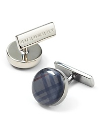 Round beat check cufflinks with brass clasp closure. Signature stamped at back.