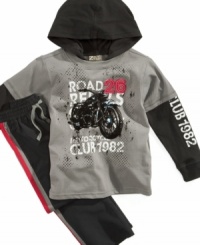 Little rebel. He'll stand out with this pants and long-sleeve shirt set, with a cozy hood that will keep him warm when he's out on the road. Little rebel. He'll stand out with this pants and long-sleeve shirt set, with a cozy hood that will keep him warm when he's out on the road.
