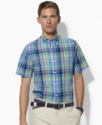 Ralph Lauren's iconic pony lends subtle luxury to a handsome short-sleeved sport shirt constructed for a trim fit from lightweight linen. Ralph Lauren's iconic pony lends subtle luxury to a handsome short-sleeved sport shirt constructed for a trim fit from lightweight linen.