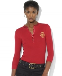 Lauren Ralph Lauren's henley silhouette rendered in soft cotton features charmeuse trim at the neckline and a beaded embroidered LRL crest for glamorous updates to a classic style.