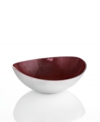 Full of surprises, this handcrafted bowl features sleek, polished aluminum lined with lustrous burgundy enamel. It's a striking home accent no matter what's on your menu. From the Simply Designz serveware and serving dishes collection. Full of surprises, this handcrafted bowl features sleek, polished aluminum lined with lustrous burgundy enamel. It's a striking home accent no matter what's on your menu. From the Simply Designz serveware and serving dishes collection.