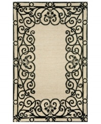 Romance is in the air! Delicate black scrollwork inspires the chic, romantic Wrought Iron rug from Liora Manne's indoor/outdoor Promenade collection. UV stabilized to minimize fading, the fashion-forward, durable rug is sure to please. Hose off for easy cleaning. Romance is in the air! Delicate black scrollwork inspires the chic, romantic Wrought Iron rug from Liora Manne's indoor/outdoor Promenade collection. UV stabilized to minimize fading, the fashion-forward, durable rug is sure to please. Hose off for easy cleaning.