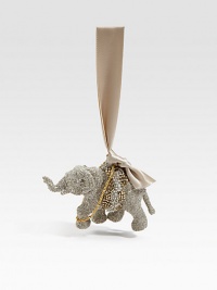 Shimmering glass glitter, bead and chain accents, and a satin ribbon loop lend an irresistably festive appeal to this elephant ornament.Satin ribbon loopGlass glitterChain and beaded trim4 X 2.5 X 1.5Handmade in USA Shimmering glass glitter, bead and chain accents, and a satin ribbon loop lend an irresistably festive appeal to this elephant ornament.Satin ribbon loopGlass glitterChain and beaded trim4 X 2.5 X 1.5Handmade in USA
