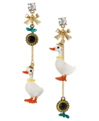 Go quackers for this funky style! Betsey Johnson's mismatched earrings combine duck and sunflower charms in vibrant enamel with sparkling crystals at the post. Set in gold tone mixed metal. Approximate drop: 3-1/2 inches. Go quackers for this funky style! Betsey Johnson's mismatched earrings combine duck and sunflower charms in vibrant enamel with sparkling crystals at the post. Set in gold tone mixed metal. Approximate drop: 3-1/2 inches.