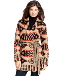 An ikat pattern emboldens Jones New York Signature's cardigan for a ski-chic look. An ikat pattern emboldens Jones New York Signature's cardigan for a ski-chic look.