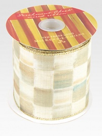 For wrapping or decorating, indoors and out, this signature ribbon has a linen-like texture and wired edges to adorn everything from packages to the banister to the tree.Checks on one side, solid gold on the otherWater-resistant for indoor or outdoor useWired for easy shaping10-yard spool4 widePolyester/metallicImported For wrapping or decorating, indoors and out, this signature ribbon has a linen-like texture and wired edges to adorn everything from packages to the banister to the tree.Checks on one side, solid gold on the otherWater-resistant for indoor or outdoor useWired for easy shaping10-yard spool4 widePolyester/metallicImported