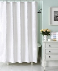 An allover tonal scroll design enhances this shower curtain from Martha Stewart Collection for a polished addition to your bathroom. An allover tonal scroll design enhances this shower curtain from Martha Stewart Collection for a polished addition to your bathroom.