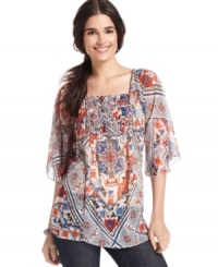 A relaxed fit that doesn't ease up on style--Style&co.'s sheer printed petite blouse features a ton of touches that make it a must-have, like a chic pleated panel at the chest. A relaxed fit that doesn't ease up on style--Style&co.'s sheer printed petite blouse features a ton of touches that make it a must-have, like a chic pleated panel at the chest.