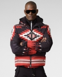 A bold Western-inspired print lends a free-spirited vibe to RLX's hooded plush down jacket for statement-making cool-weather style. A bold Western-inspired print lends a free-spirited vibe to RLX's hooded plush down jacket for statement-making cool-weather style.