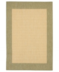 Step outside the box and create a cozy backyard retreat with this all-weather area rug, suitable for indoor and outdoor use. Full-framed with a natural-green border and beige ground, thin stripes crisscross to create an textured grid pattern, adding an unexpected touch of warmth to stone entryways, patio decks and outdoor gathering areas. Pet friendly and resistant to mold and mildew. Step outside the box and create a cozy backyard retreat with this all-weather area rug, suitable for indoor and outdoor use. Full-framed with a natural-green border and beige ground, thin stripes crisscross to create an textured grid pattern, adding an unexpected touch of warmth to stone entryways, patio decks and outdoor gathering areas. Pet friendly and resistant to mold and mildew.