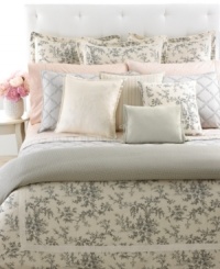 A detailed toile print of cherry blossoms and branches cascades over a sumptuous cream ground in the Saint Honore comforter. Streamlined piping and a frame of grosgrain ribbon finishes this traditional look with a touch of modern romance. Reverses to a subtle houndstooth print for an impressive transformation in style. A detailed toile print of cherry blossoms and branches cascades over a sumptuous cream ground in the Saint Honore comforter. Streamlined piping and a frame of grosgrain ribbon finishes this traditional look with a touch of modern romance. Reverses to a subtle houndstooth print for an impressive transformation in style.