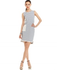 An oversized lace pocket adds unexpected edge to this striped RACHEL Rachel Roy shift dress -- perfect for a stylish summer daytime look!