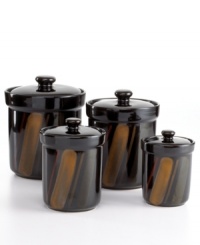 Store dry ingredients and keep baked goods fresh with Avanti Black canisters. Reactive glaze intensifies black and clay-colored streaks on stoneware for a bold look that's dramatic yet down to earth. Store dry ingredients and keep baked goods fresh with Avanti Black canisters. Reactive glaze intensifies black and clay-colored streaks on stoneware for a bold look that's dramatic yet down to earth.