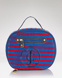 A stylish way to strut back to school, this striped velour lunchbox has Juicy Couture's signature accents, like the large embroidered crown logo on the front, goldtone trim and the oversized zip pocket on the front. A stylish way to strut back to school, this striped velour lunchbox has Juicy Couture's signature accents, like the large embroidered crown logo on the front, goldtone trim and the oversized zip pocket on the front.