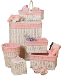Big ideas for your little one! This comprehensive set brings order into the nursery and makes taking care of baby a whole lot easier. Including everything from storage baskets to a waste basket to a hamper, this set features removable and washable gingham liners with matching embroidered letters & numbers, so learning is part of the order every time. Big ideas for your little one! This comprehensive set brings order into the nursery and makes taking care of baby a whole lot easier. Including everything from storage baskets to a waste basket to a hamper, this set features removable and washable gingham liners with matching embroidered letters & numbers, so learning is part of the order every time.