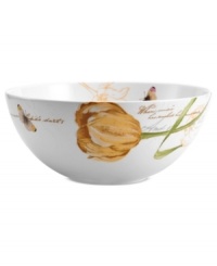 Set the scene at your table with the romantic Seraphine vegetable bowl from Mikasa. Lines of poetry and golden tulips sweep across classic white porcelain for every day of the week.