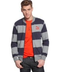 Sporty bar stripes elevate this Puma jacket from workout gear to street style. (Clearance) Sporty bar stripes elevate this Puma jacket from workout gear to street style. (Clearance)