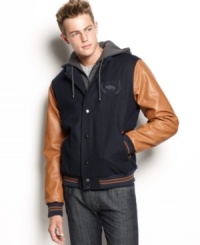 Keep your cool-weather go-to athletic with this varsity bomber jacket from Buffalo David Bitton. Keep your cool-weather go-to athletic with this varsity bomber jacket from Buffalo David Bitton.