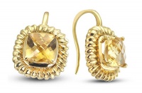 Yellow Gold Plated Silver Frenchwire Earrings With Prong Set, Cushion Cut, Natural Citrine Stones
