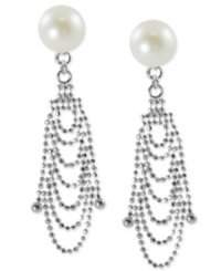 A lace look lends a stylish touch to these drop earrings. Crafted from sterling silver with a rhodium finish, the pair evokes elegance with cultured freshwater pearls (8-8-1/2 mm). Approximate drop length: 1-1/2 inches. Approximate drop width: 3/8 inch.