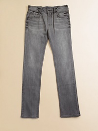 Light-grey, slim-fit jeans featuring just the right amount of stretch to give him the best fit ever.Button closureZip flyWhiskeringFive-pocket styleBelt loopsMetal rivet details 98% cotton/2% spandexMachine washImported Light-grey, slim-fit jeans featuring just the right amount of stretch to give him the best fit ever.Button closureZip flyWhiskeringFive-pocket styleBelt loopsMetal rivet details 98% cotton/2% spandexMachine washImported