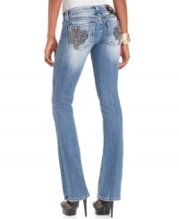 Rhinestone & embroidered Fleur de Lis add eye-catching appeal to these Miss Me bootcut jeans -- perfect for daytime glam! Rhinestone & embroidered Fleur de Lis add eye-catching appeal to these Miss Me bootcut jeans -- perfect for daytime glam!
