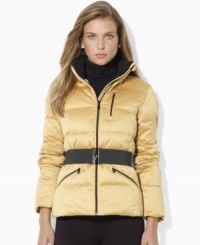 Lauren Ralph Lauren's modernized petite classic, the mockneck down jacket is given a chic belt for a slimming and stylish look. Lauren Ralph Lauren's modernized petite classic, the mockneck down jacket is given a chic belt for a slimming and stylish look.