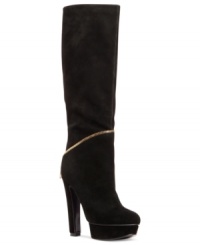 Golden sophistication. DMSX Donald J Pliner's Gloria tall shaft high heel dress boots feature a gold exposed zipper around the bottom shaft that stretches across the back heel. Golden sophistication. DMSX Donald J Pliner's Gloria tall shaft high heel dress boots feature a gold exposed zipper around the bottom shaft that stretches across the back heel.