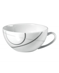 With a free-flowing circle design in shades of gray from Mikasa dinnerware, dishes like this bright white teacup add fun, contemporary appeal to any table. In ultra-durable porcelain. With a free-flowing circle design in shades of gray from Mikasa dinnerware, dishes like this bright white teacup add fun, contemporary appeal to any table. In ultra-durable porcelain.