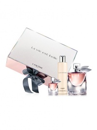 For the Holiday, discover Lancome's newest fragrance collection. La Vie Est Belle entwines the elegance of iris with the strength of Patchouli and the sweetness of a gourmand blend; for an incredible scent with depth and complexity. The fragrance that makes life more beautiful. Gift set contains: La Vie Est Belle 2.5 oz. Fragrance Spray, La Vie Est Belle 6.7 oz. Body Lotion and La Vie Est Belle 0.17 oz. Mini. 