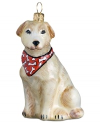 Puppy love at first sight. Just begging for a home, this yellow lab ornament is irresistible to animal lovers in hand-painted glass by Joy to the World. Puppy love at first sight. Just begging for a home, this yellow lab ornament is irresistible to animal lovers in hand-painted glass by Joy to the World.