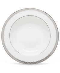 Inspired by the trim on an elegant couture gown, this graceful dinnerware and dishes collection from Lenox features an intricate platinum border that combines harmoniously with white bone china for unparalleled style. Inspired by the trim on an elegant couture gown, this graceful dinnerware and dishes collection from Lenox features an intricate platinum border that combines harmoniously with white bone china for unparalleled style.