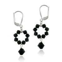 Sterling Silver and Black Swarovski Crystallized Elements Open Circle Drop Leverback Earrings Sterling Silver and Black Swarovski Crystallized Elements Open Circle Drop Leverback Earrings