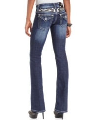 A rhinestone embellished back yoke adds eye-catching appeal to these Miss Me bootcut jeans -- perfect for daytime glam! A rhinestone embellished back yoke adds eye-catching appeal to these Miss Me bootcut jeans -- perfect for daytime glam!